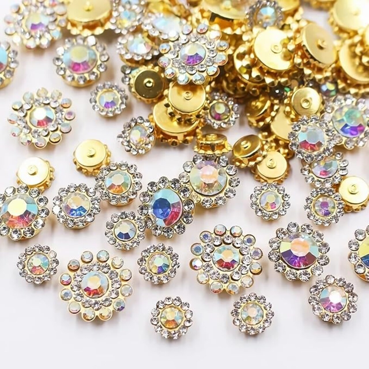 100 Pcs Crystal AB Gems Sew-on Rhinestones with Gold Claw – Mixed Sizes (8mm, 10mm, 12mm, 14mm) Flower Claw Rhinestones for Jewelry, Crafts, Clothes, Shoes, Costumes, and Garment Accessories (02 Crystal AB)